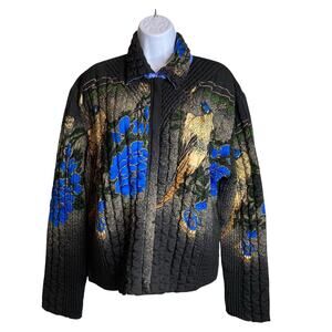 Vintage Women's Black Bird Quilted Art To Wear Jacket Est. Size XL Asian Print
